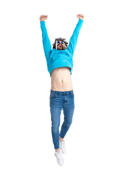 Proud Curly Casual Man Blue Sweatshirt Holding Arms Head Leaping — Stock Photo, Image