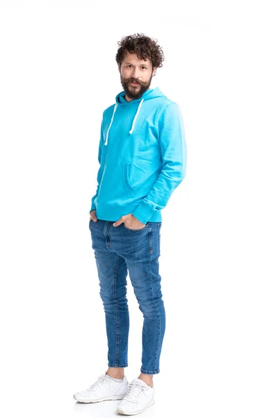 Full Body Foto Van Sexy Jonge Man Blauw Sweatshirt Vol — Stockfoto