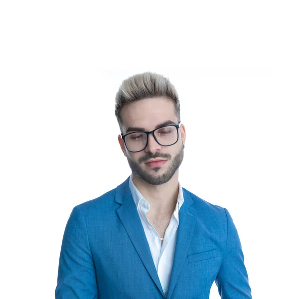 Tired Elegant Businessman Eyeglasses Blue Suit Untied Shirt Closing Eyes — Stock Photo, Image