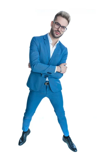 Full Body Picture Elegant Businessman Blue Suit Untied Shirt Eyeglasses — Stock Photo, Image