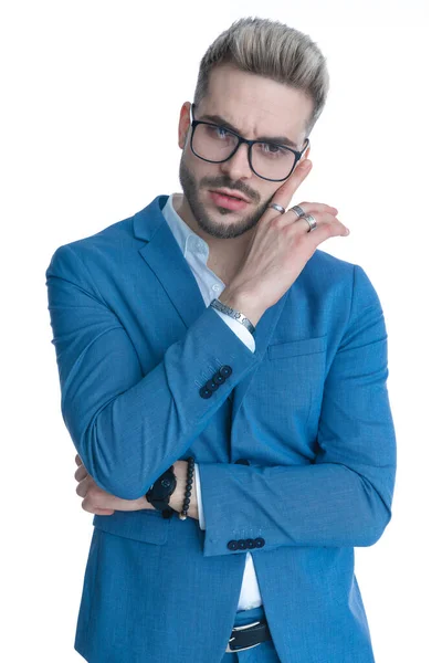 Elegant Handsome Businessman Blue Suit Untied Shirt Glasses Crossing Arms — Stock Photo, Image