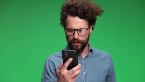 Fashion Model Looking His Phone His Eyeglasses Taking Call Makes — Stock Video
