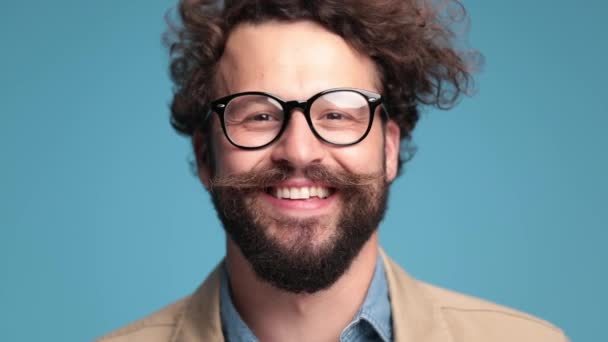 Smiling Attractive Man Looking Glasses Laughing Making Thumbs Gesture While — Wideo stockowe