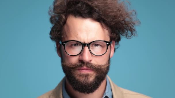 Close Serious Casual Man Moustache Eyeglasses Standing Deeply Looking While — Wideo stockowe