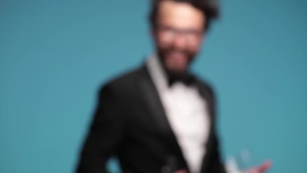 Bearded Sexy Man Black Tuxedo Bowtie Holding Champagne Bottle Glasses — Αρχείο Βίντεο