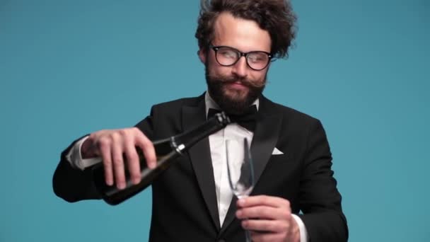 Attractive Curly Hair Man Long Beard Moustache Celebrating Wedding Having — Video