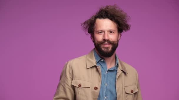 Unshaved Man Denim Shirt Taking Glasses Dancing Enjoying Rock Roll — Stock Video