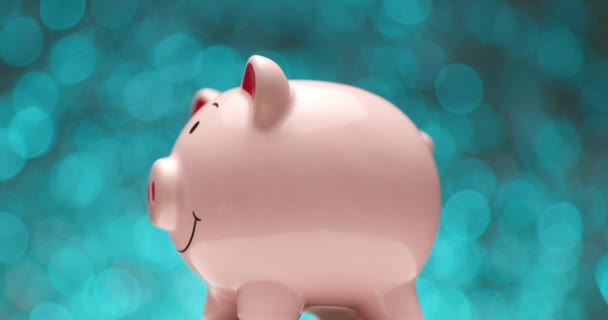 Projeto Vídeo Vista Lateral Rosa Piggy Bank Movendo Para Direita — Vídeo de Stock