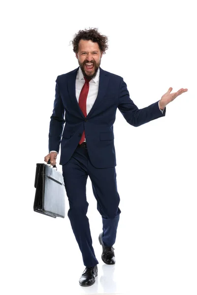 Businessman Walking Camera Open Arm Briefcase White Background — Stock Photo, Image