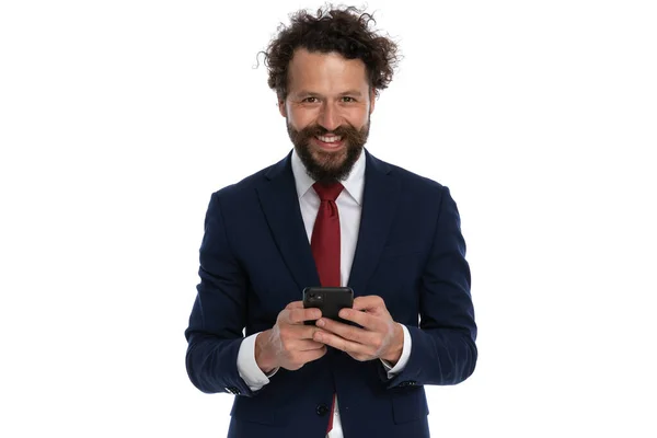 Handsome Businessman Texting His Phone Smiling Camera White Background — Stock Photo, Image