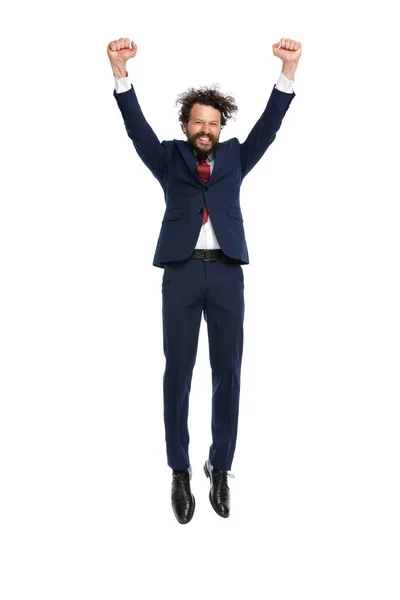 Handsome Businessman Feeling Excited Jumping Air White Background — Stock Photo, Image