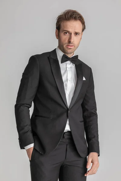 Handsome Businessman Posing One Hand Pocket Attitude Gray Background — Stock Photo, Image