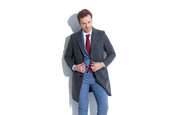 Attractive Businessman Arranging His Coat Looking Posing White Background — Stock Photo, Image