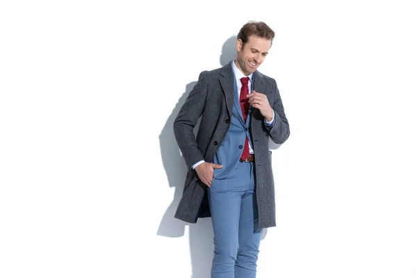 Sexy Fashion Model Wearing Suit Coat Holding One Hand Pocket — Stock Photo, Image