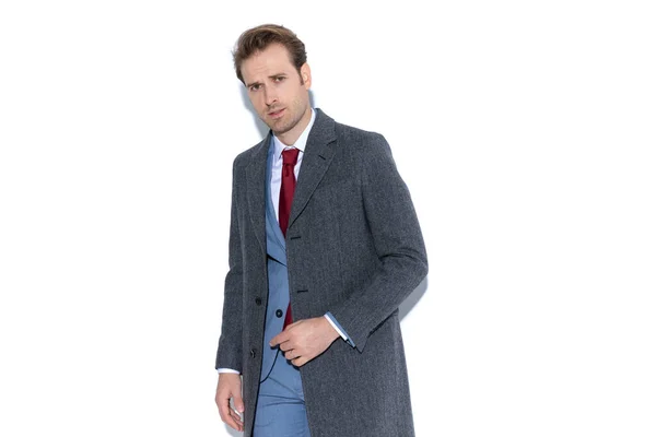 Handsome Casual Man Wearing Cool Suit Coat Posing Style White — Stock Photo, Image