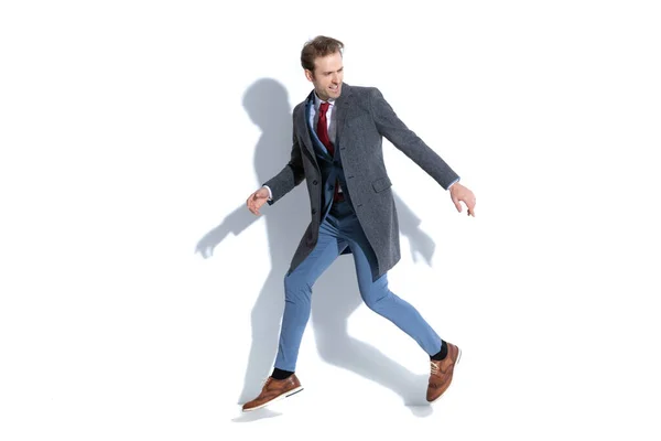 Sexy Businessman Jumping Looking Him Great Energy White Background — Stock Photo, Image