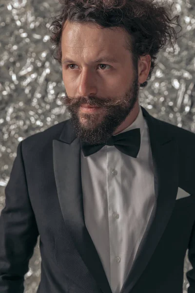 Portrait Sexy Young Man Black Tuxedo Looking Side Posing Tinfoil — Stock Photo, Image