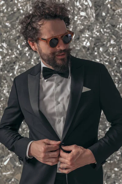 Cool Bearded Man Elegant Tuxedo Looking Side Wearing Glasses Fixing — Stock Photo, Image