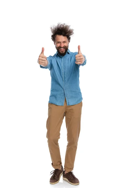 Young Casual Man Giving Thumbs Both His Arms White Background — Stock Photo, Image