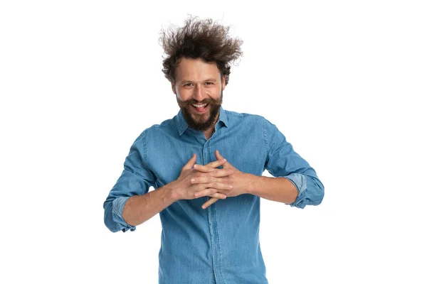 Handsome Casual Man Clutching His Fingers Sticking His Tongue Out — Stock Photo, Image