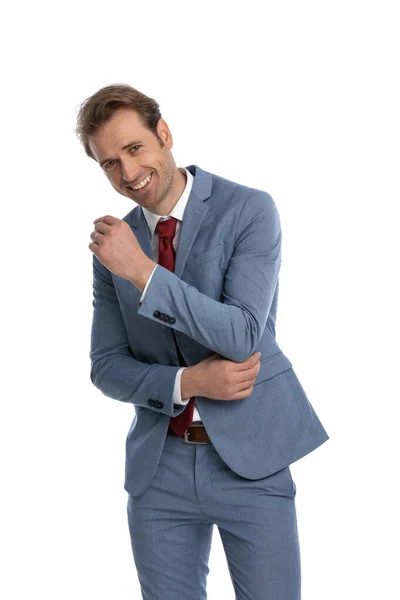 Portrait Happy Elegant Man Blue Suit Crossing Arms Holding Hand — Stock Photo, Image