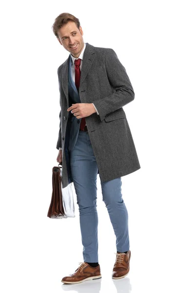 Sexy Young Businessman Grey Coat Suitcase Looking Side Smiling Walking — Stock Photo, Image