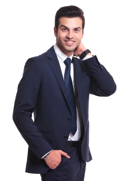 Business man holding one hand to his neck — Stock Photo, Image