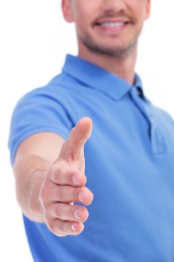 casual young man offers handshake clipart