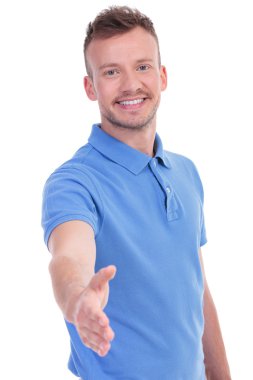 casual young man wants to shake hands with you clipart