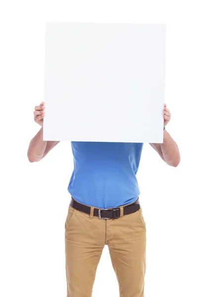 Casual jongeman met bord voor gezicht — Stockfoto