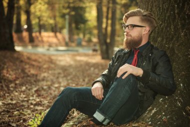 Genç casual adam ağaca yaslanmış