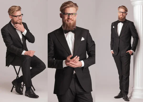 Elegante man met lange baard in smoking pak en strikje — Stockfoto