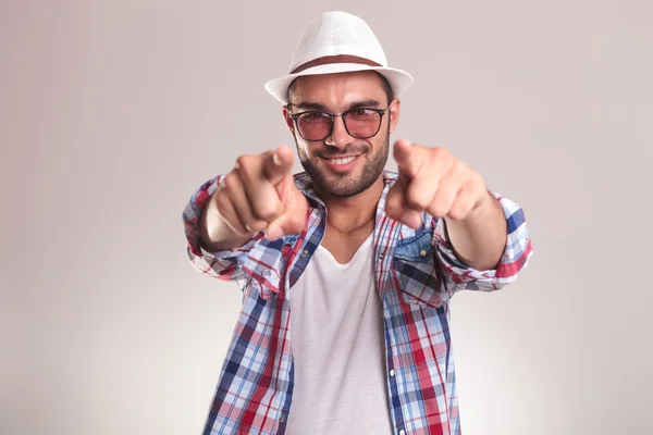 Young man pointing at you with both hands. — Stock Photo, Image