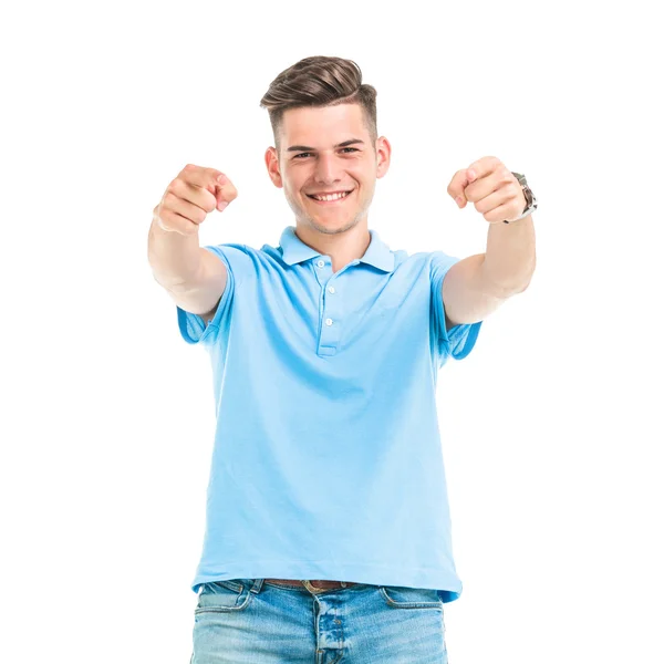 Happy young man pointing at you with both hands. — Stock Fotó