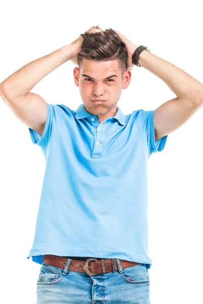 Hombre sosteniendo ambas manos en su pelo . — Foto de Stock