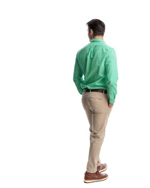 Arka tarafta elleri ceplerinde yeşil kareli gömlek ve beyaz arka planda izole edilmiş bej pantolon giyen rahat bir adam var.