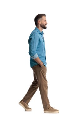 Side view of happy casual man with beard wearing denim shit walking and smiling while looking forward isolated on white background