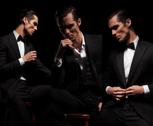 3 poses of seated businessman in black looking away — Stock fotografie