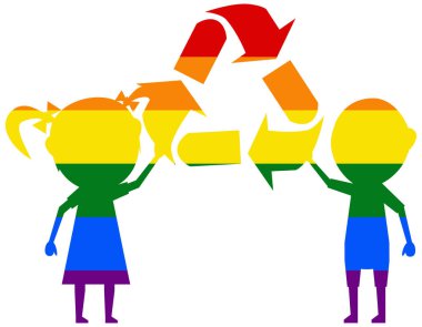 Çocuklar ve LGBT bayrağı geri dönüşümü. gay, lezbiyen, biseksüel ve transseksüel ikon vektörü