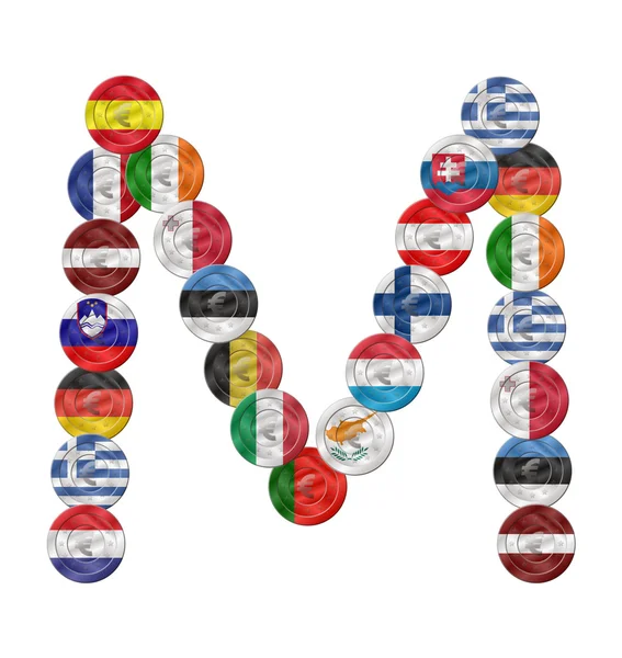 Lettre m euro pièce avec drapeaux — Image vectorielle