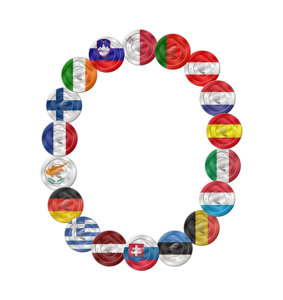 Lettre o pièce en euros avec drapeaux — Image vectorielle
