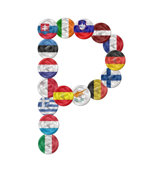 Lettre p pièce en euros avec drapeaux — Image vectorielle