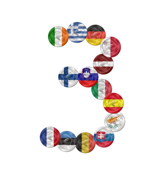 Numéro trois pièce euro avec drapeaux — Image vectorielle