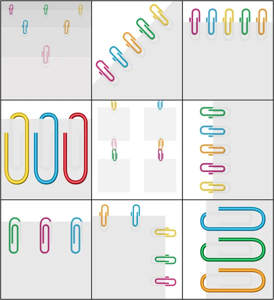 Set 9 background white paper clips — Stock Vector