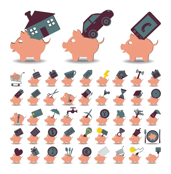 48 Symbole Sparschwein und Sparbuch — Stockvektor