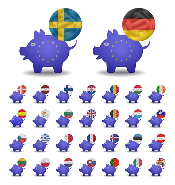 Set currencies flags and piggy bank europe — Stock Vector