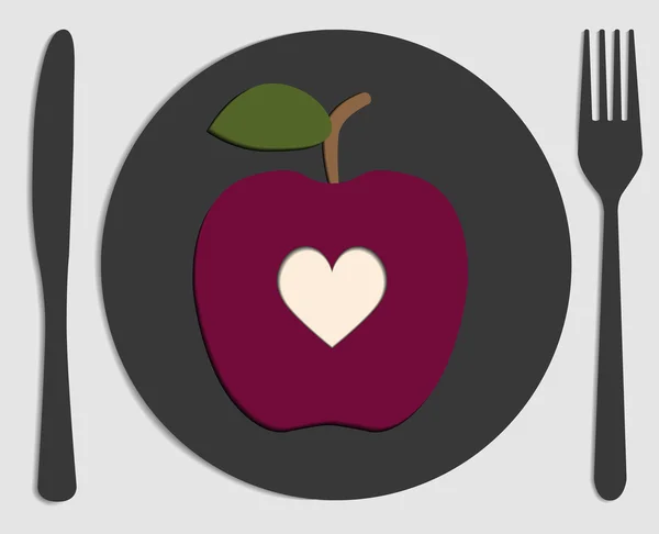 Apfel, Besteck und Herz — Stockvektor