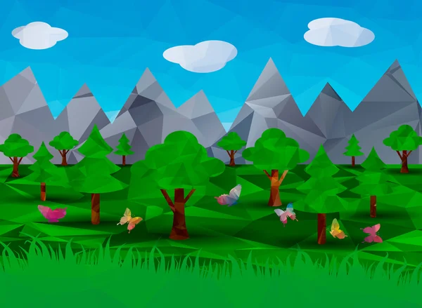 Low poly background forest, mountains and butterflies — Stock Vector