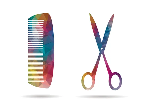 Nízké poly ikony barevné nůžky a hřeben — Stockový vektor