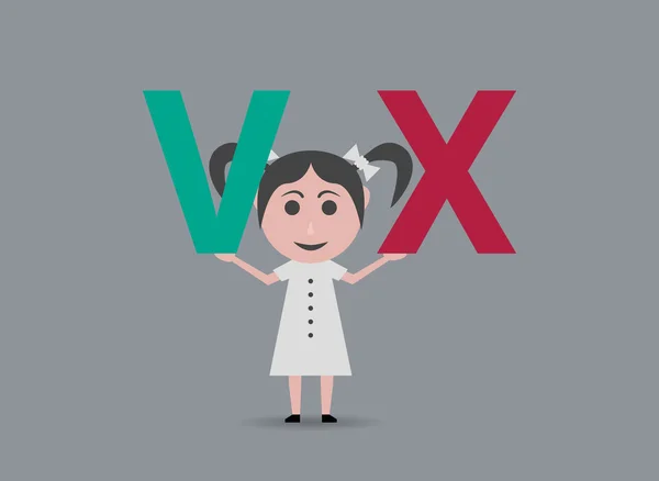 女孩抱着符号 v 和 x — 图库矢量图片